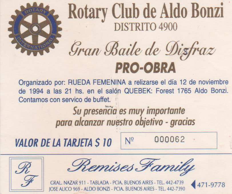Tarjeta de invitación Baile de disfraz Pro Obra 1994 - Rotary Club de Aldo Bonzi