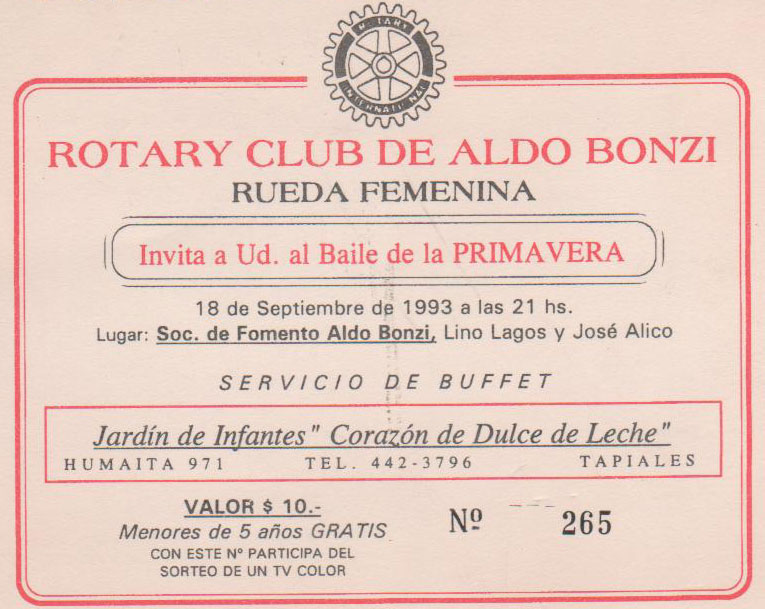 La rueda Femenina invita al Baile de Primavera, año 1993  -  Rotary Club de Aldo Bonzi