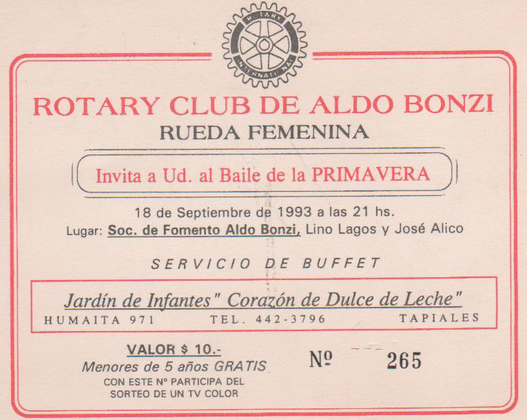 La rueda Femenina invita al Baile de Primavera, año 1993 - Rotary Club de Aldo Bonzi