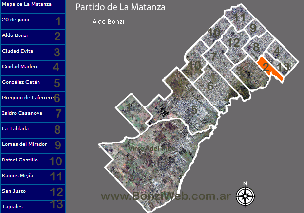 Localidades que componen La Matanza y Ubicación de Aldo Bonzi
